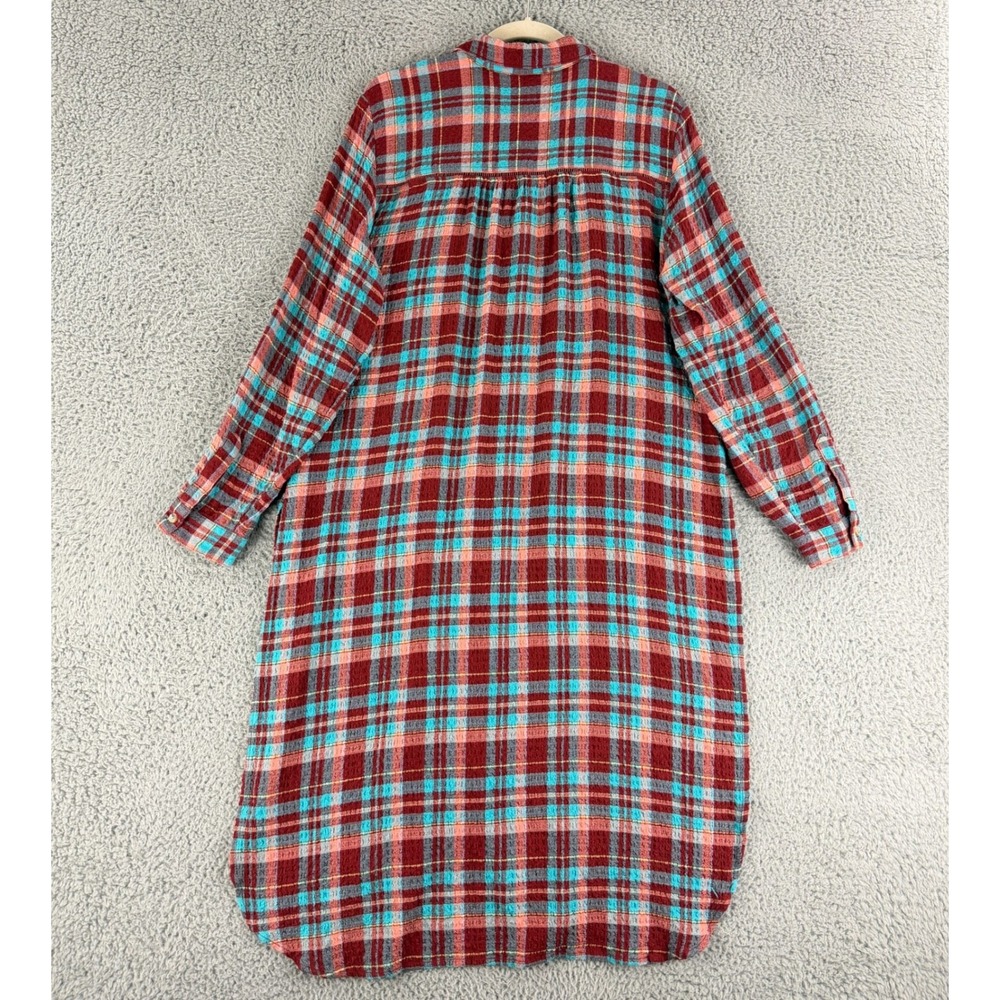 Pilcro Shirt Dress Women Medium Red Turquoise Plaid Crinkle Midi Tunic OB1609132 - Picture 10 of 14